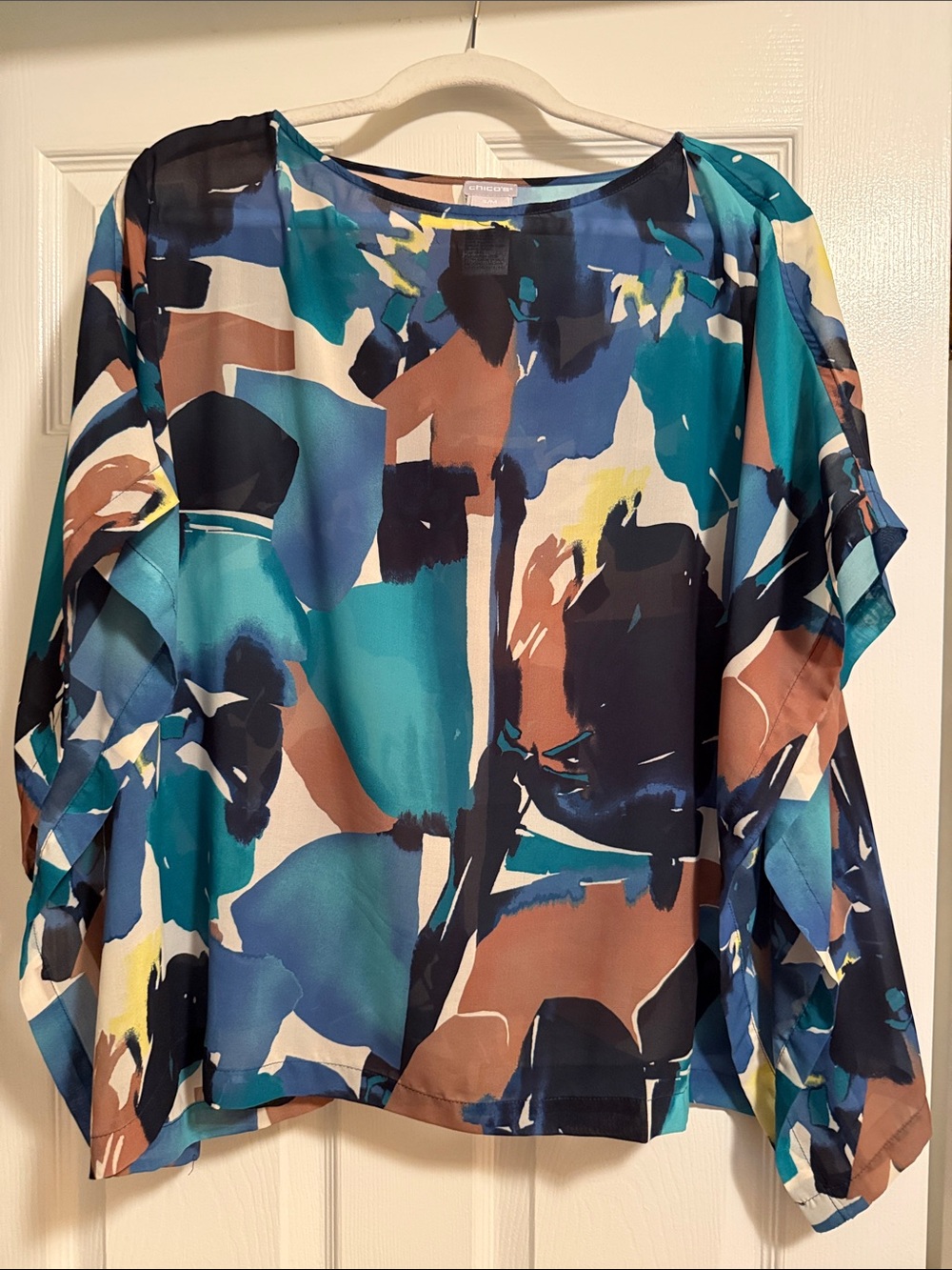 Chico’s Abstract Teal, Green, Brown, Yellow and Beige Women’s Poncho Size S/M